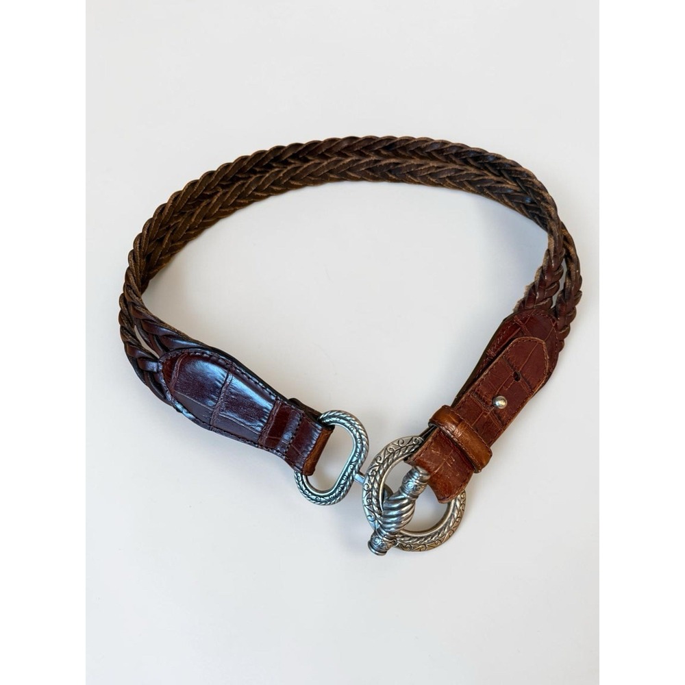 Lands End Belt Vintage Double‎ Strap Brown Leather Woven Silver Toggle Size 26
